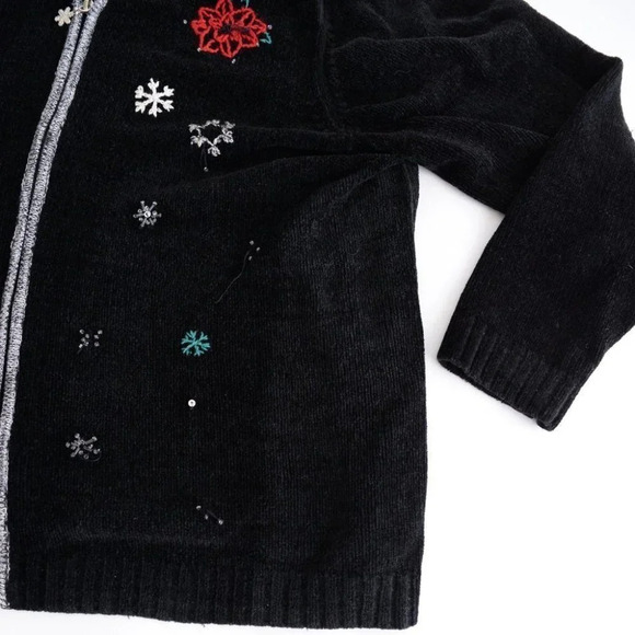 Vintage Allison Daley Black Zip Cardigan Holiday Snowflakes Festive Sweater L - Picture 9 of 16